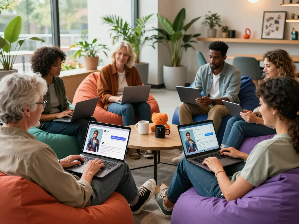 Group discussing innovative ai chat nsfw platform in a trendy lounge.