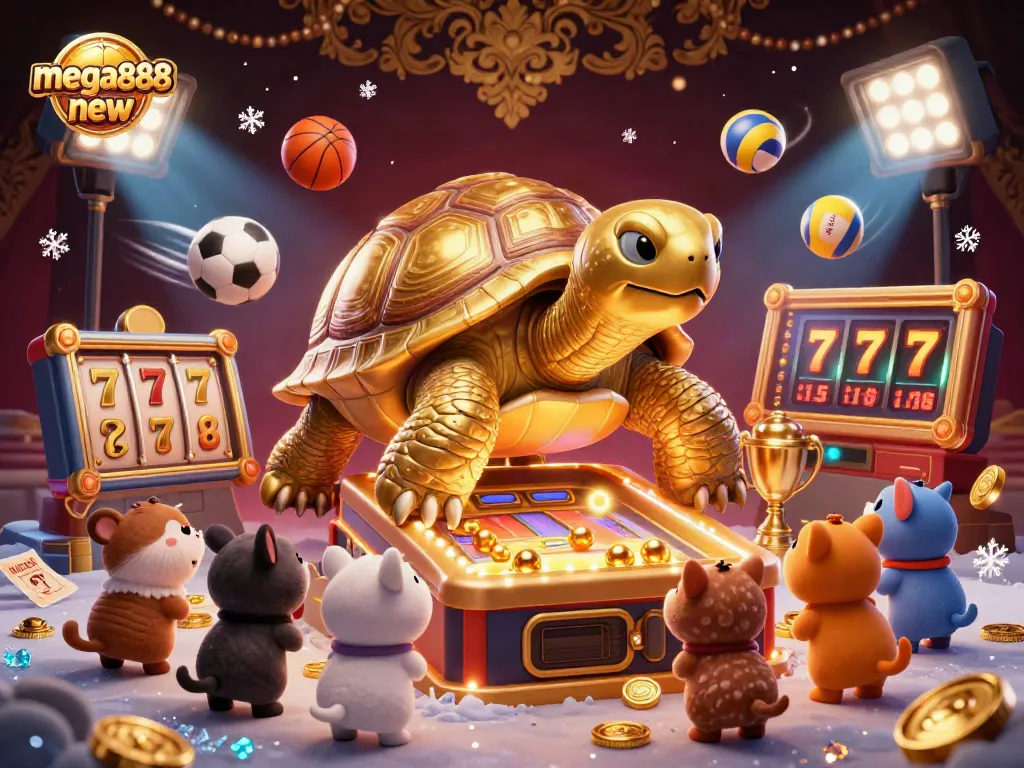 Engage with mega888 new in an ultra-detailed 3D casino illustration showcasing a golden tortoise pinball machine.
