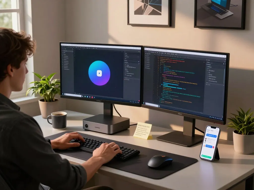 Utilizing Clawdbot AI on a Mac Mini in a productive home office setting, showcasing dual monitors and coding applications.
