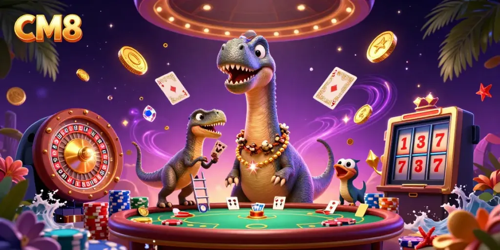 Engage with thrilling CM8 online slots and casino games in this vibrant 3D casino illustration.