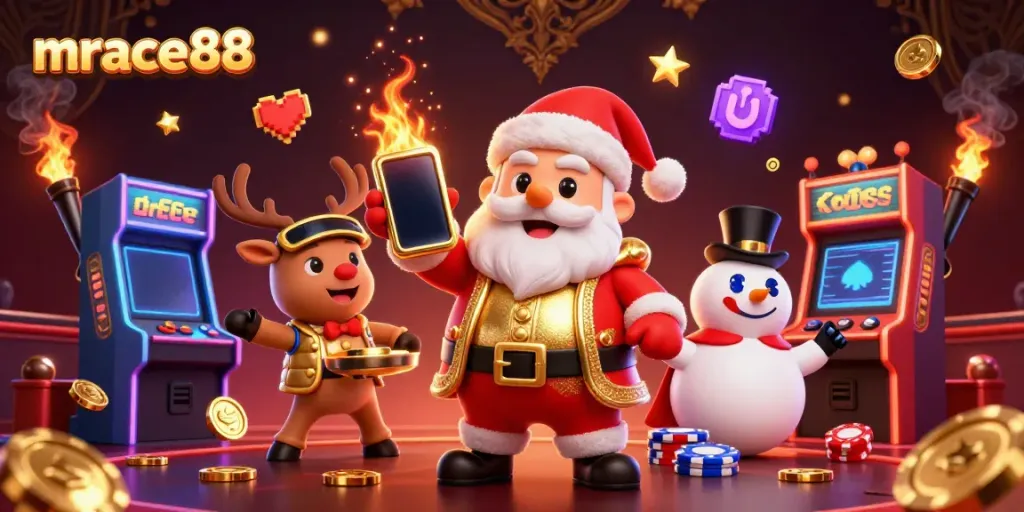 Experience the excitement of mrace88 online casino with Santa and friends in a vibrant gaming scene.