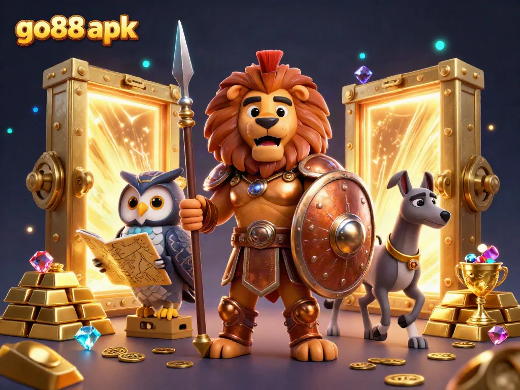 Win big with go88 apk in this vibrant 3D scene filled with treasures and gaming action.