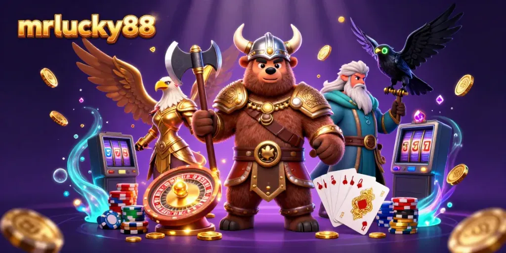 Experience the thrilling action at mrlucky88 with a dynamic scene featuring a Viking bear and Valkyrie amid flying coins and sparkling gems.
