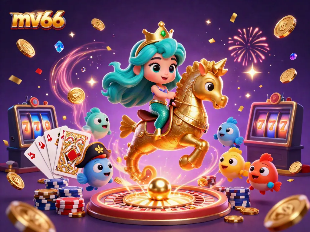 Experience the exciting world of mv66 with a vibrant scene featuring a mermaid princess, treasure, and casino elements.
