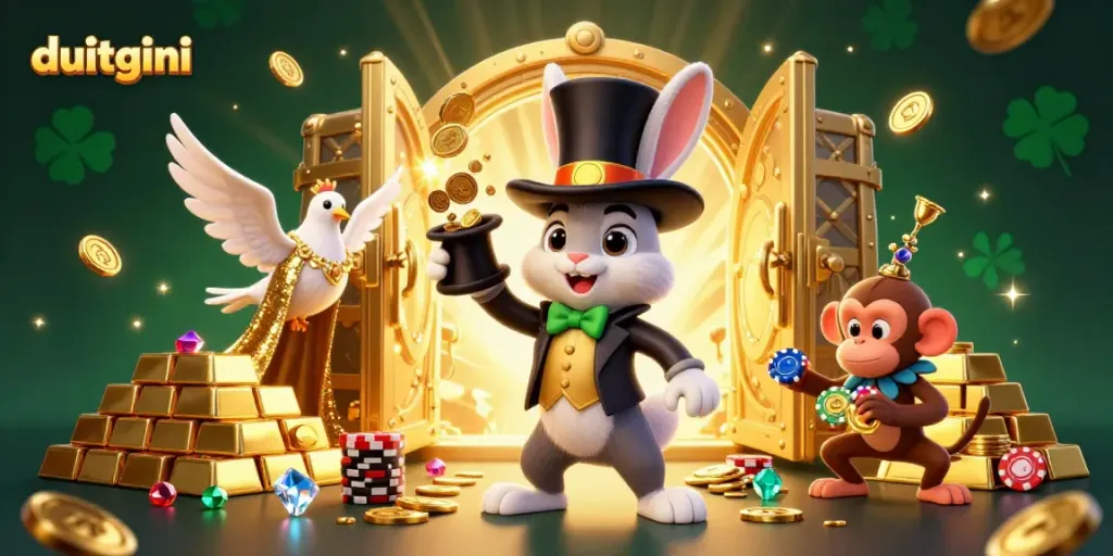 Experience the thrill of DuitGini, where a magician rabbit brings wealth with golden coins amid dazzling casino treasures.