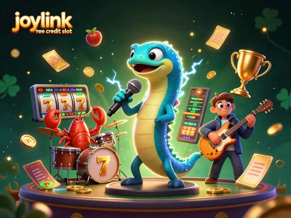 Engage with joylink free credit slot featuring animated electric eel, lobster drummer, and seahorse guitarist in a vibrant underwater casino.