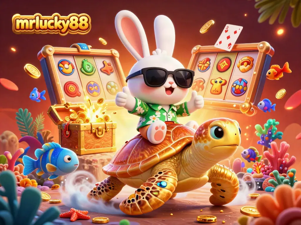 Experience gaming with mrlucky88 featuring a lucky rabbit and golden turtle amidst vibrant slot visuals.