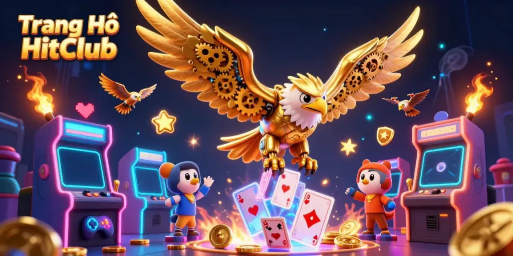 Experience the excitement of Trang Chủ HitClub with a vibrant illustration of a cybernetic eagle amidst dazzling casino elements.