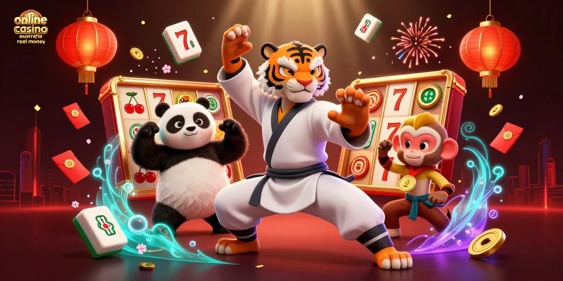 Engage with online casino Australia real money through a vivid 3D cartoon scene of a kung fu tiger and friends.