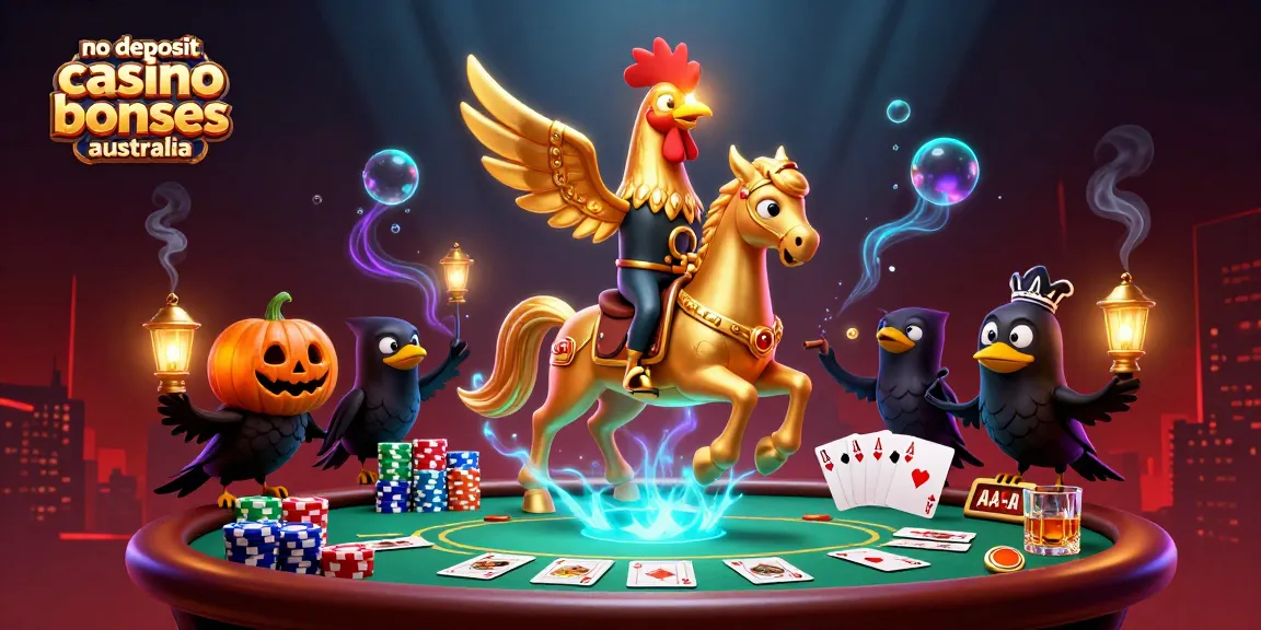 No deposit casino bonuses australia illustrated with a golden rooster and spectral horse in a vibrant casino setting.