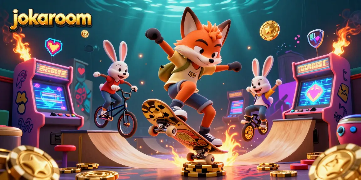 Catch the excitement at jokaroom with a vibrant 3D illustration of a skateboarder fox and BMX rabbit in a casino-themed arcade.