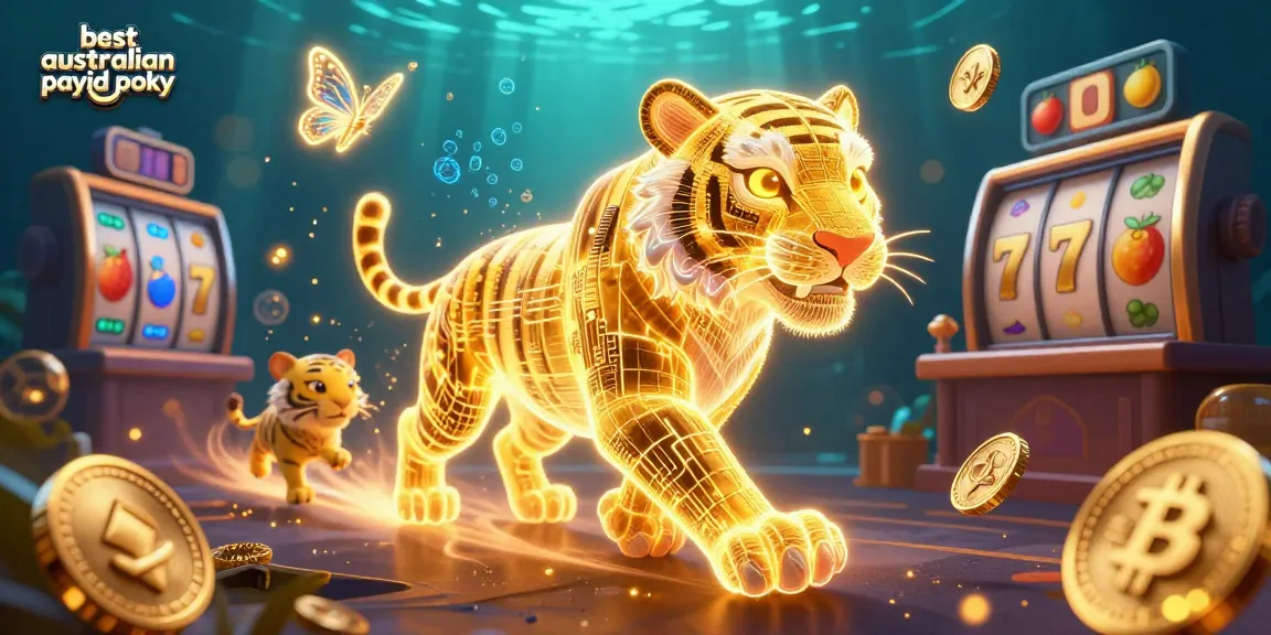 Engage with the best australian payid pokies in an ultra-detailed casino scene featuring a glowing tiger and vibrant game elements.