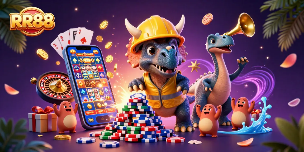 Bet and win at RR88 with vibrant games, featuring a jubilant triceratops leading the fun.