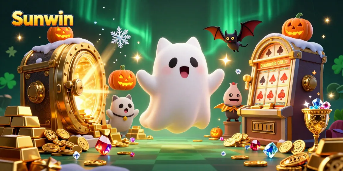 Experience the thrill of winning with Sunwin's haunted casino scene featuring a ghost cat and treasure elements.